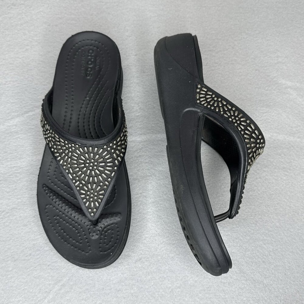 Crocs Wedge Sandals Black Monterey Diamante Womens Sz 7 Studded Platform Thong - Picture 2 of 10